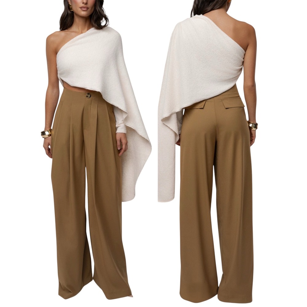 JLUXLABEL Ivory Capsule One Shoulder Sleek modern Stretchy Flattering Top L
